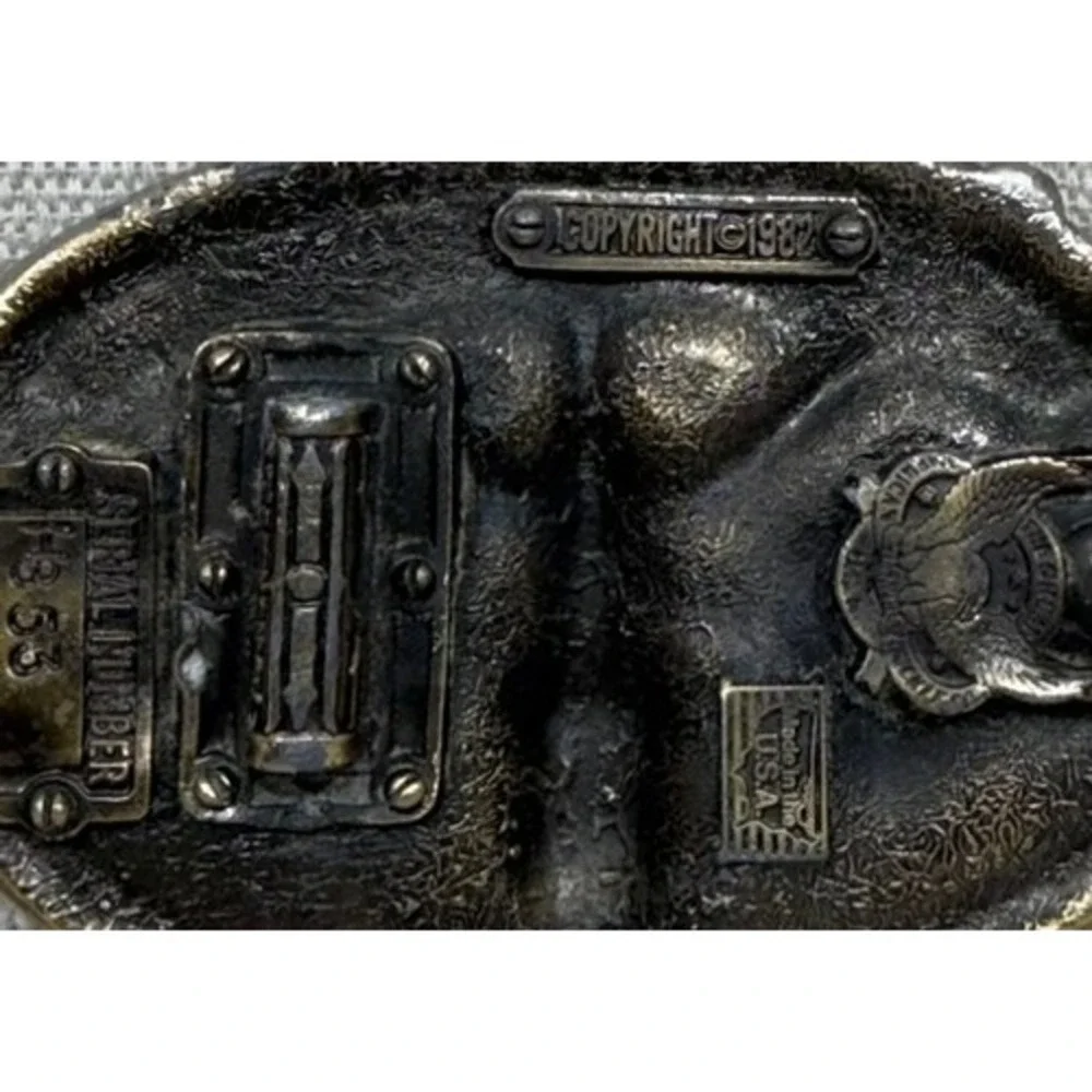 Vintage 1982 Mechanic Belt Buckle Spark Plug Tools Made in USA Pewter Tone 1353